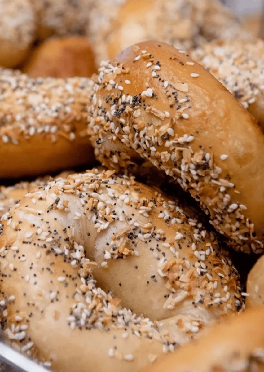 Fresh baked everything bagels close-up